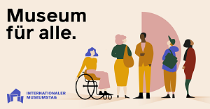 Logo des Museumstags mit Schriftzug "Museum für alle" und 5 Personen unterschiedlicher Hautfarbe, Generationen und Alters , darunter eine Frau im Rollstuhl