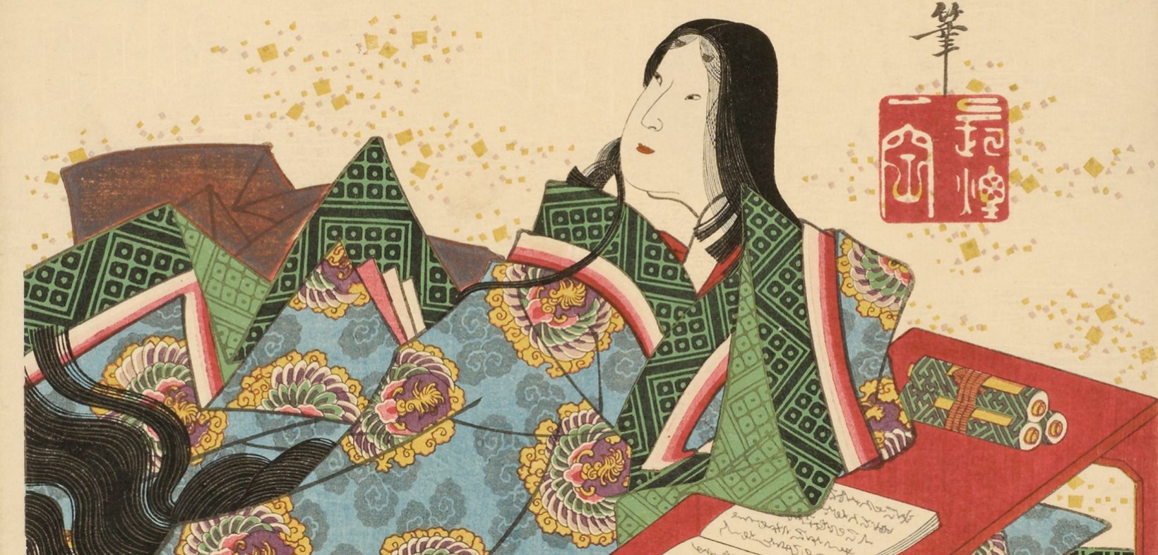 Holzschnitt von Utagawa Kunisada: Er zeigt Murasaki Shikibu, die Autorin des ursprünglichen Romans „Geschichte des Prinzen Genji“, in einem farbenfrohen Kimono, halb liegend, halb sitzend neben einem Manuskript.