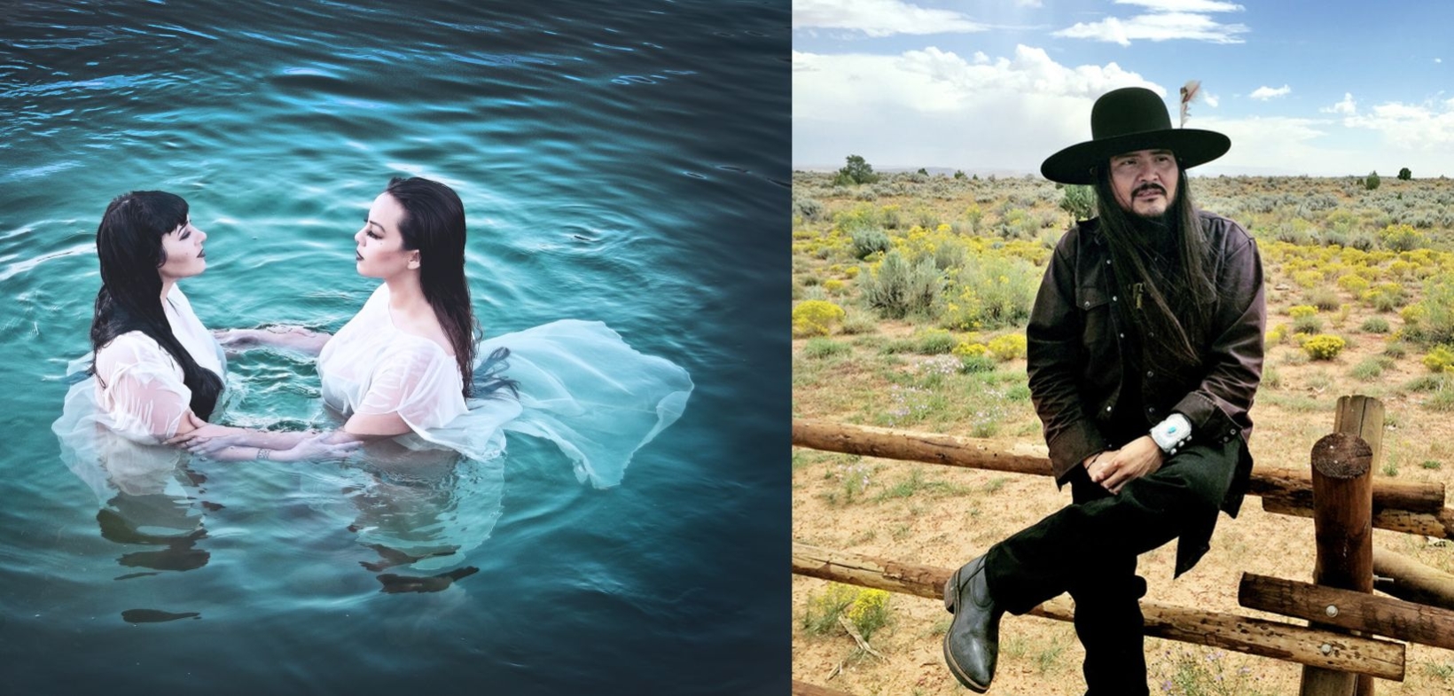 Zwei Fotos: links das Inuit-Duo Piqsiq - 2 Frauen mit langen schwarzen Haaren, weißen Kleidern, sich an den Händen haltend im Wasser; rechts der Songwriter Pete Sands mit schwarzem Hut auf einem hölzernen Zaun vor einer Prärie-Landschaft