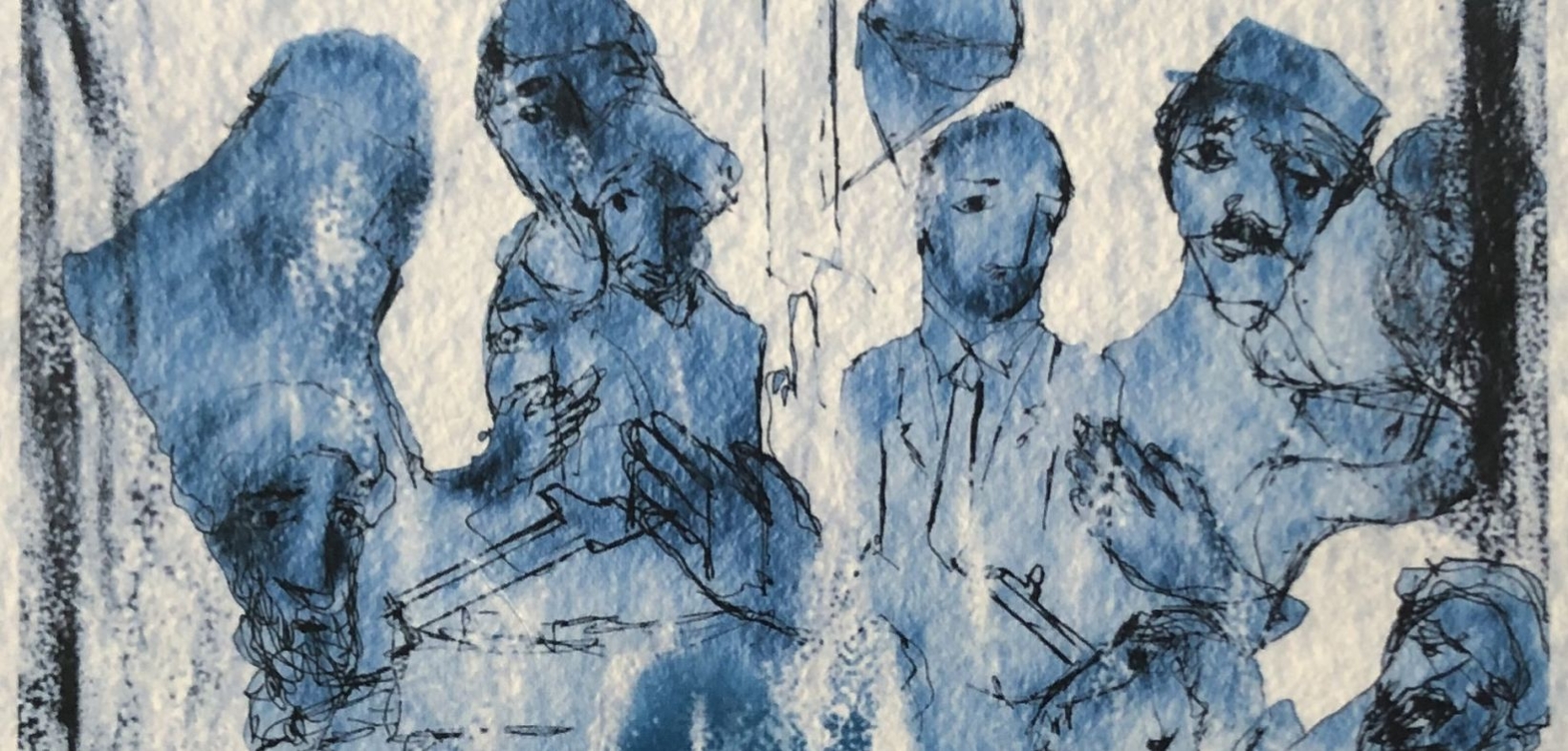 Zeichnung mit blauer Farbe und schwarzen Strichen: 5 Menschen, skizziert in einem Raum
