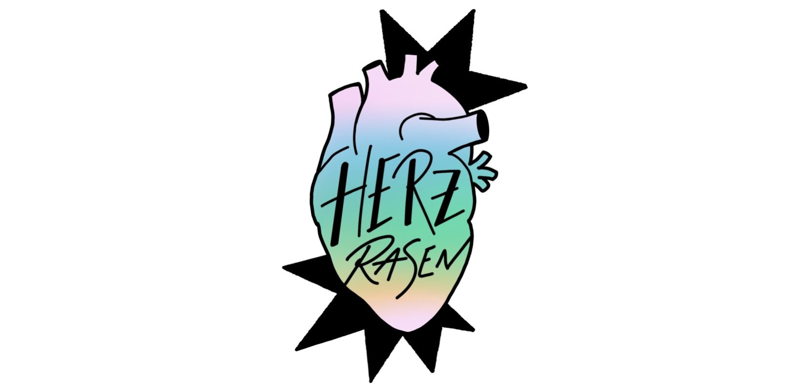 Logo von HERZrasen. comichafte Grafik eines Herzens in rosa, blau, grün mit schwarzen Sternen oben und unten; mit Schriftzug Herzrasen