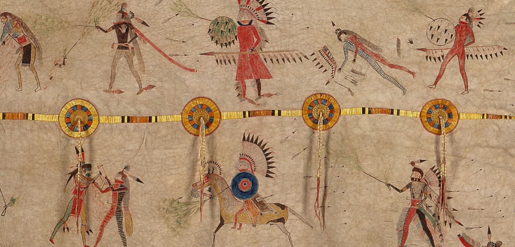 Detail der Bisonrobe des Mandan-Chiefs Mató Tópe, um 1833. Dargestellt sind handgemalte Kampfszenen