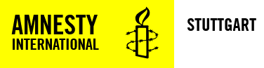 Logo amnesty international Stuttgart schwarze Schrift auf gelbem Hintergrund, Kerze mit Stacheldraht umwickelt