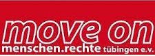Logo move on - Menschenrechte Tübingen e. V. (weiße Schrift, roter Grund)